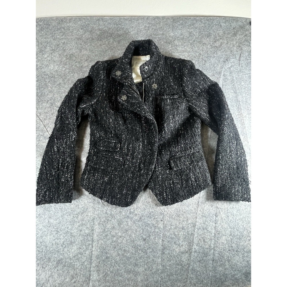 BANANA REPUBLIC Size 12Boucle Full Zip Jacket Blazer Wool Blend BlackTweed Lined